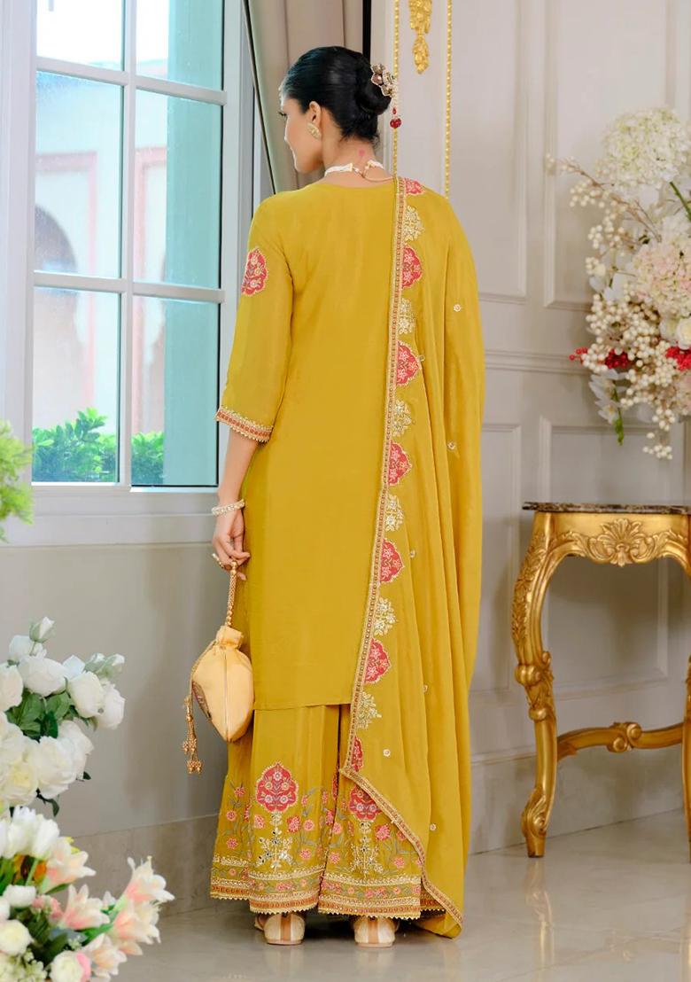 Yellow Embroidery Chinon Kurta Set - Indya