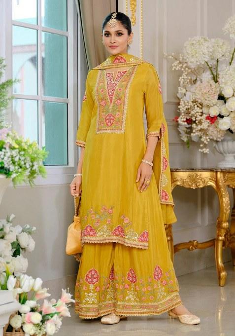 Yellow Embroidery Chinon Kurta Set