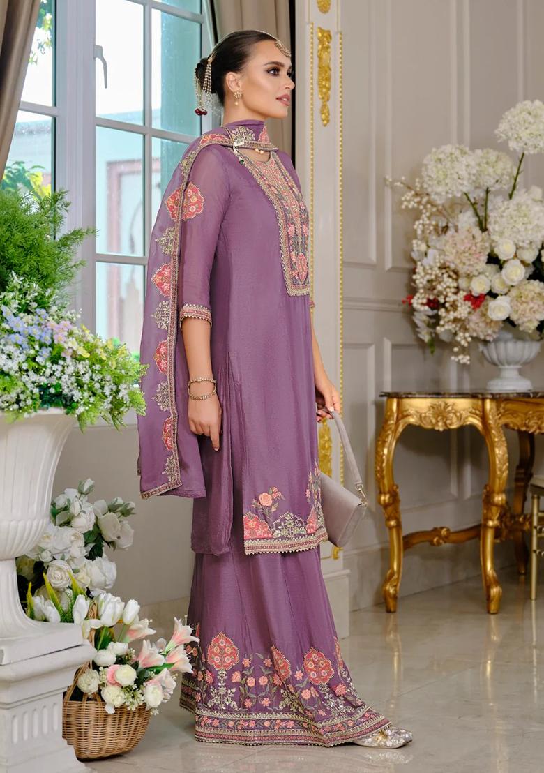 Lavender Embroidery Chinon Kurta Set - Indya