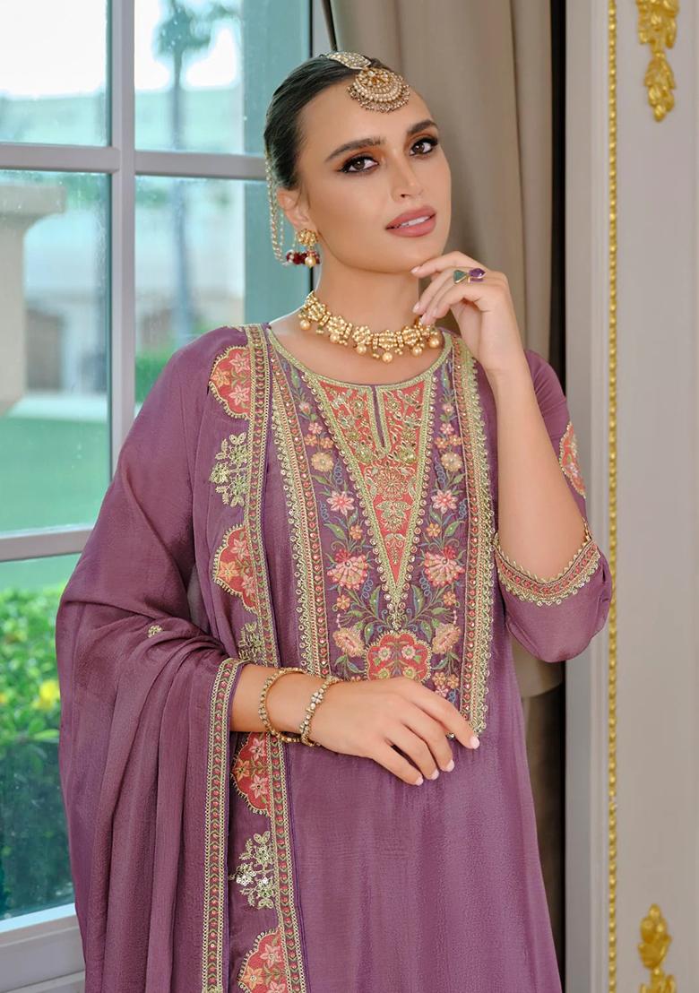Lavender Embroidery Chinon Kurta Set - Indya