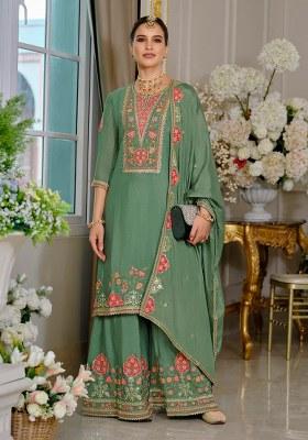 Sea Green Embroidery Chinon Kurta Set