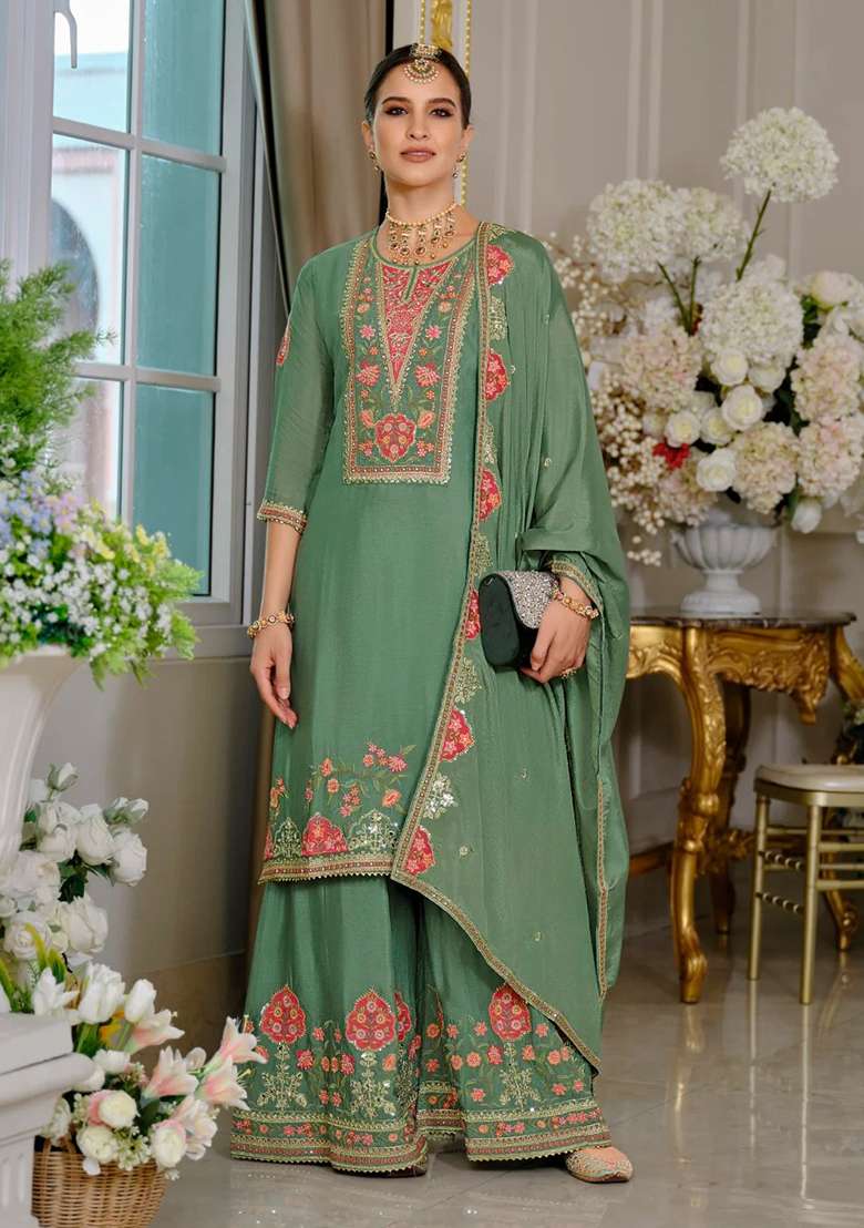 Sea Green Embroidered Chinon Sharara Set - Indya