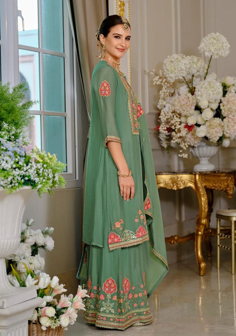 Sea Green Embroidery Chinon Kurta Set - Indya