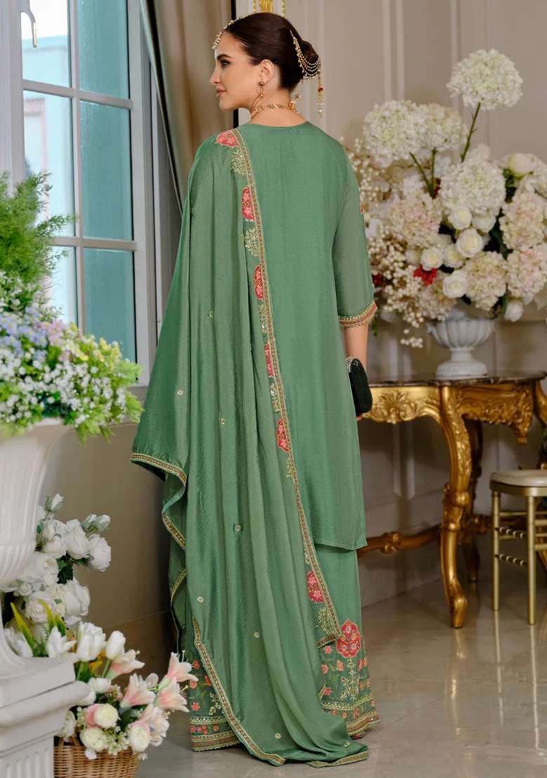Sea Green Embroidered Chinon Sharara Set - Indya