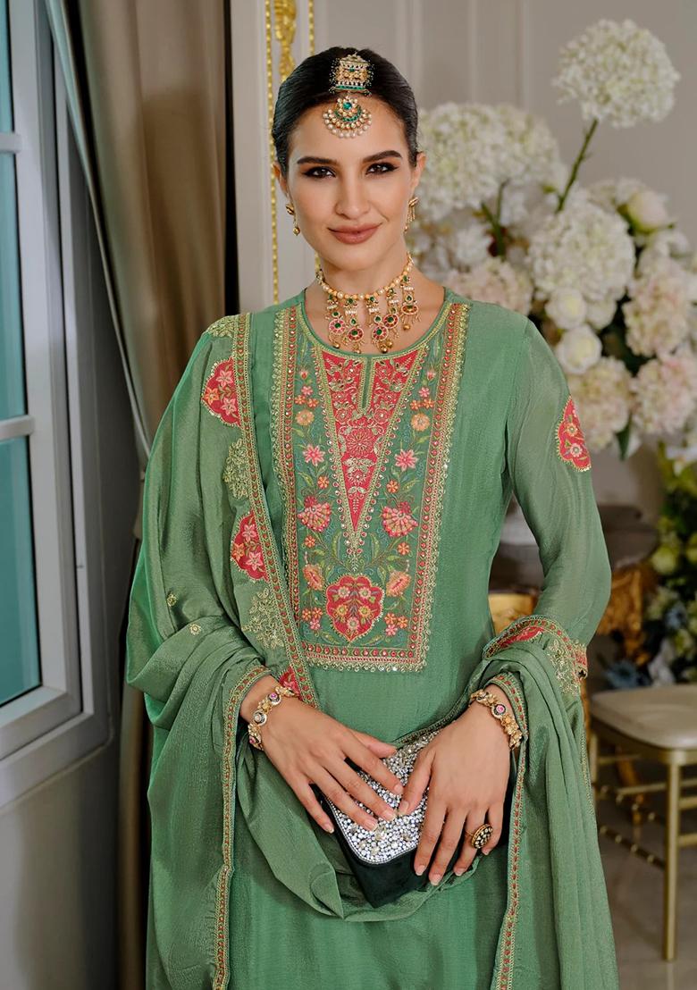 Sea Green Embroidery Chinon Kurta Set - Indya