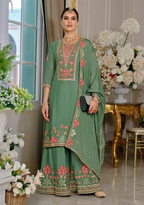 Sea Green Embroidery Chinon Kurta Set