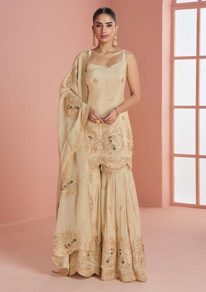 Cream Embroidered Cosmos Sharara Set - Indya