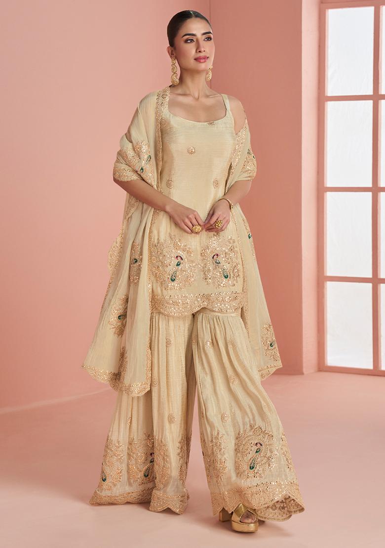 Cream Embroidery Cosmos Kurta Set - Indya