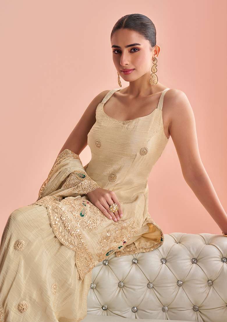Cream Embroidered Cosmos Sharara Set - Indya