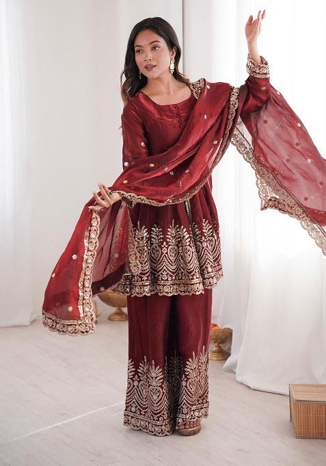 Maroon Embroidery Satin Kurta Set
