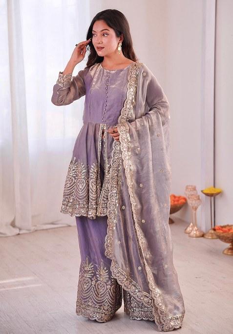 Lavender Embroidery Satin Kurta Set