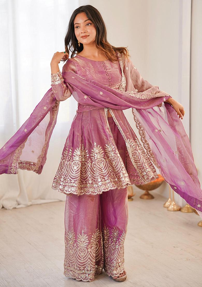 Pink Embroidery Satin Kurta Set - Indya