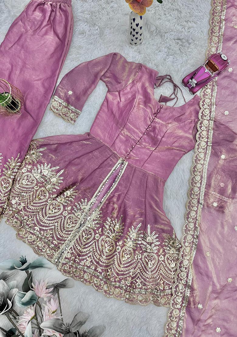 Pink Embroidery Satin Kurta Set - Indya