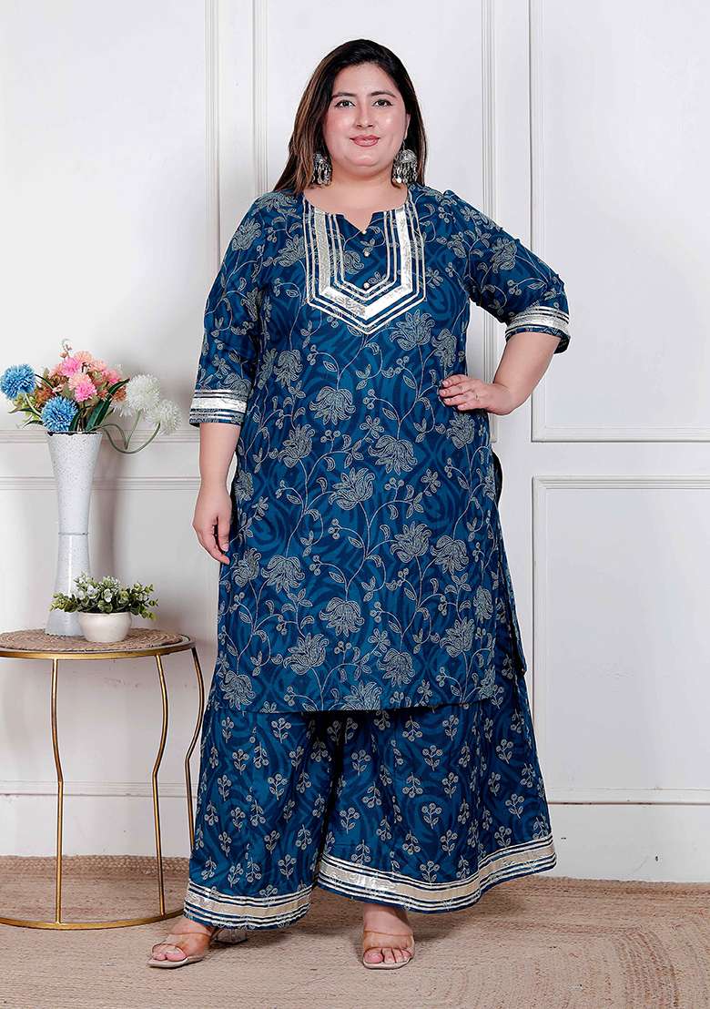 Blue Embroidered Cotton Straight Kurta Set - Indya