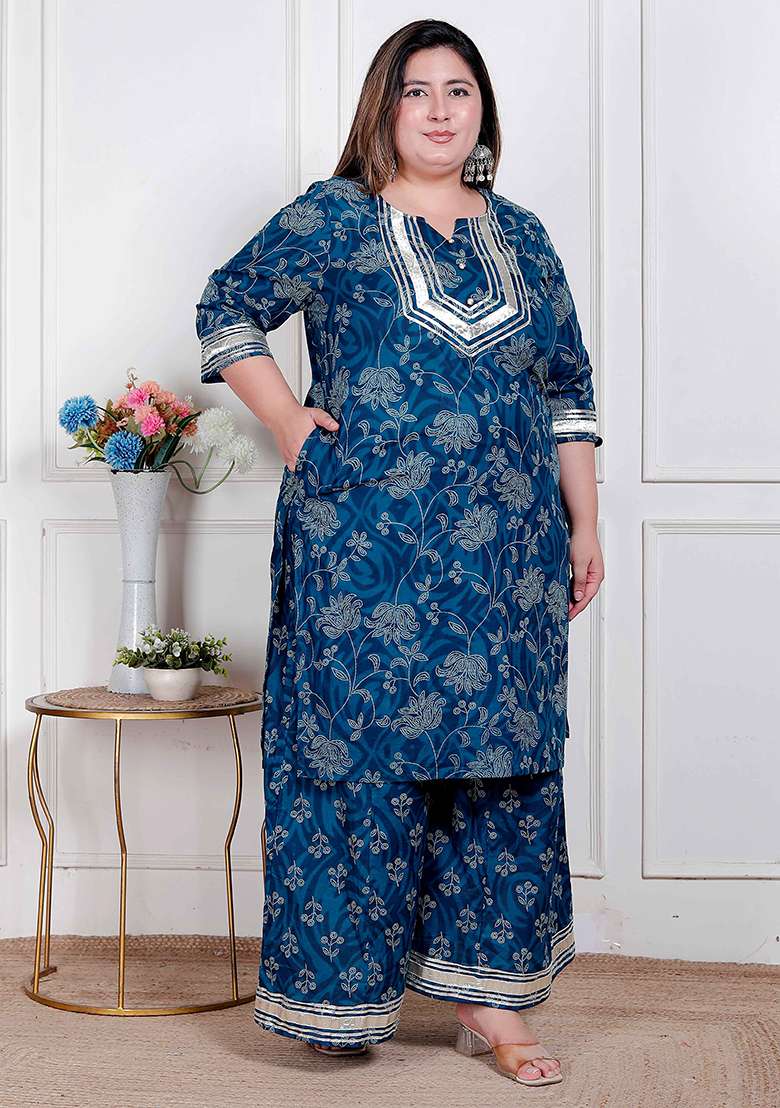 Blue Embroidered Cotton Straight Kurta Set - Indya