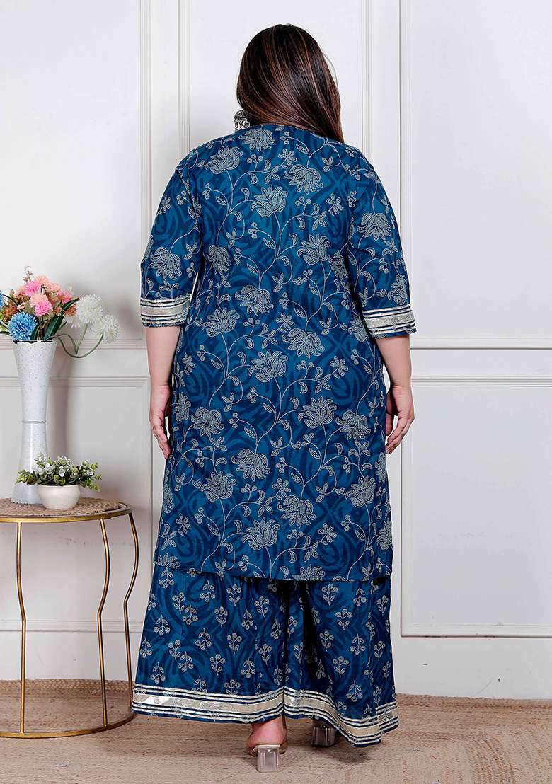 Blue Embroidered Cotton Straight Kurta Set - Indya