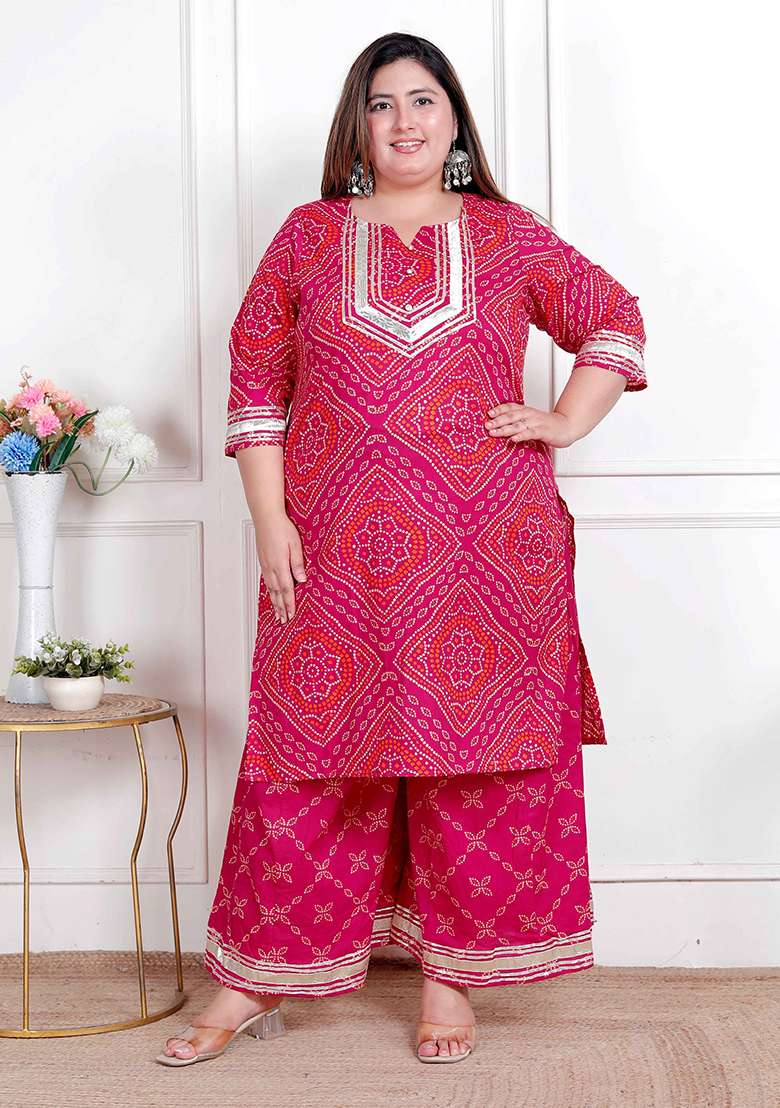 Pink Bandhani Cotton Straight Kurta Set - Indya