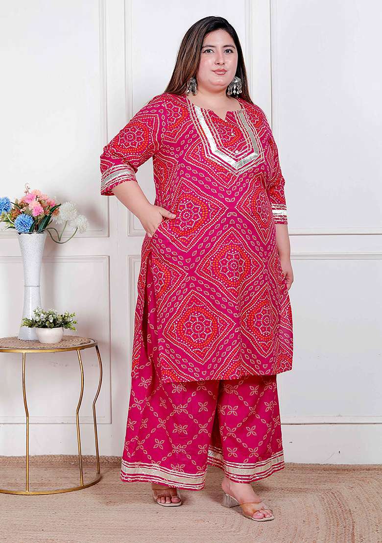 Pink Bandhani Cotton Straight Kurta Set - Indya