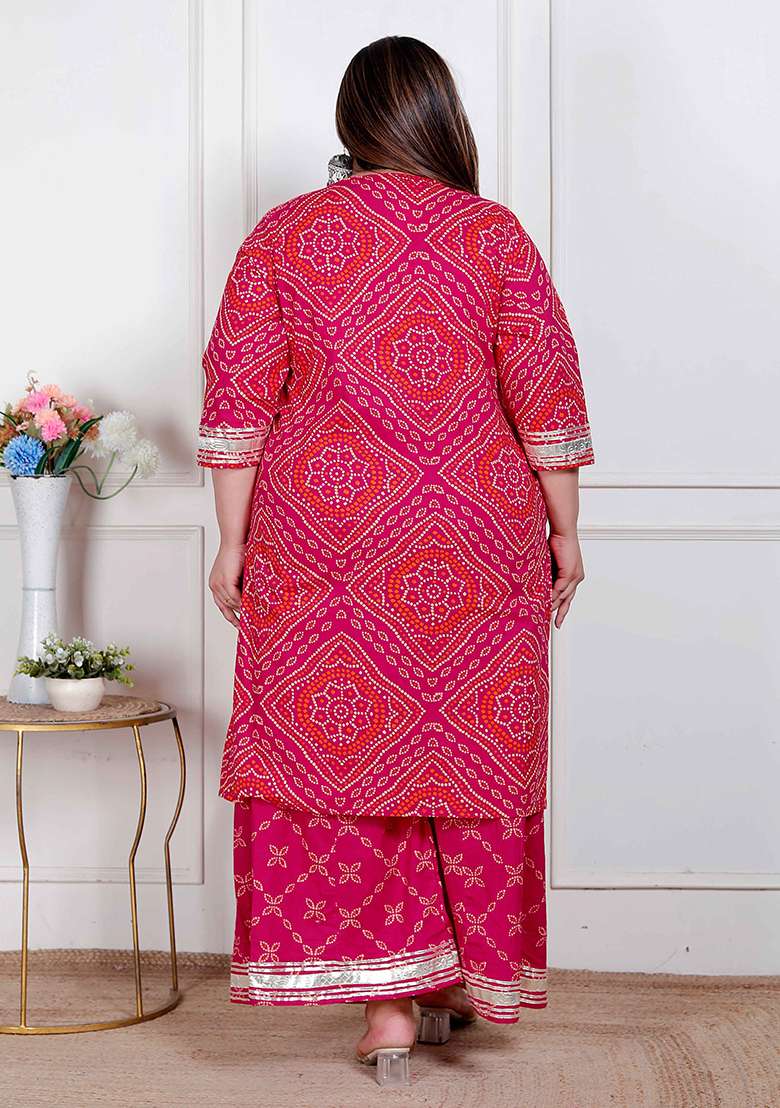Pink Bandhani Cotton Straight Kurta Set - Indya