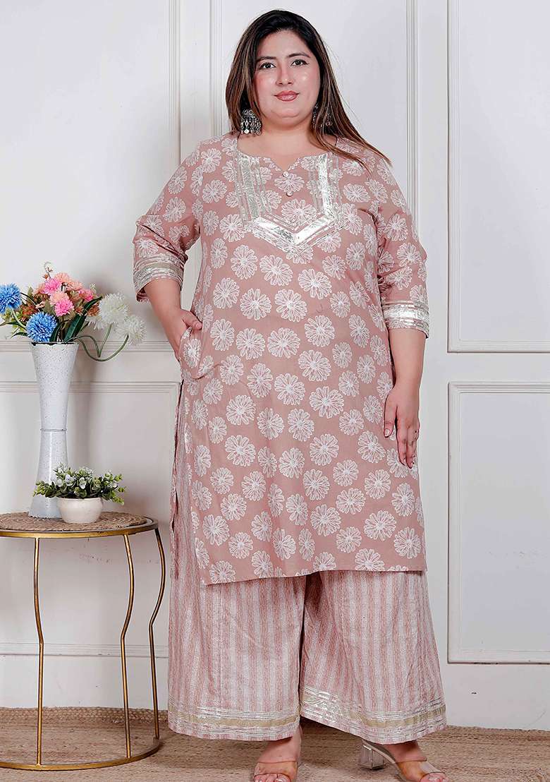 Brown Floral Print Cotton Straight Kurta Set - Indya