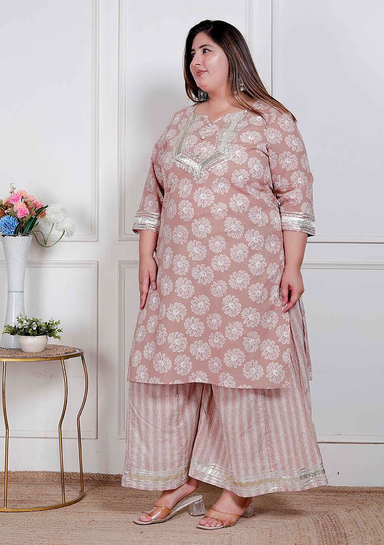 Brown Floral Print Cotton Straight Kurta Set - Indya