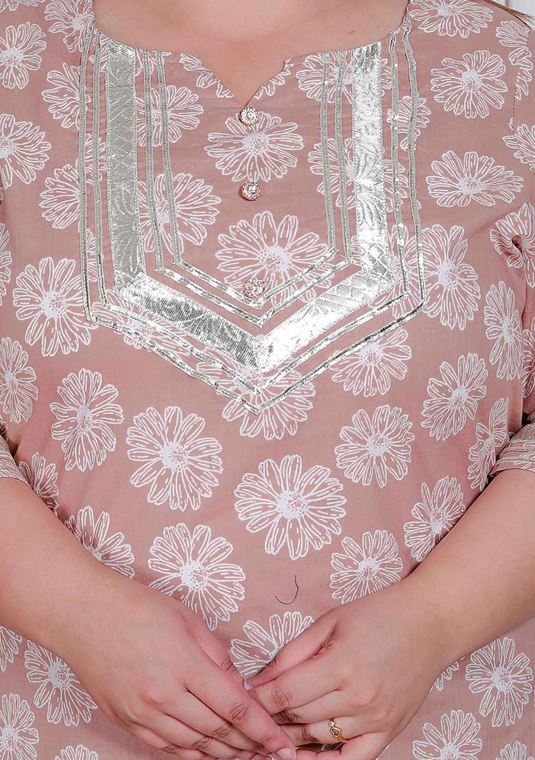 Brown Floral Print Cotton Straight Kurta Set - Indya