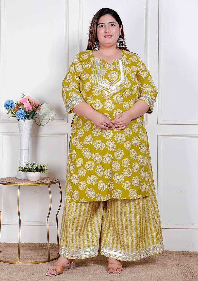Yellow Printed Cotton Straight Kurta Set - Indya