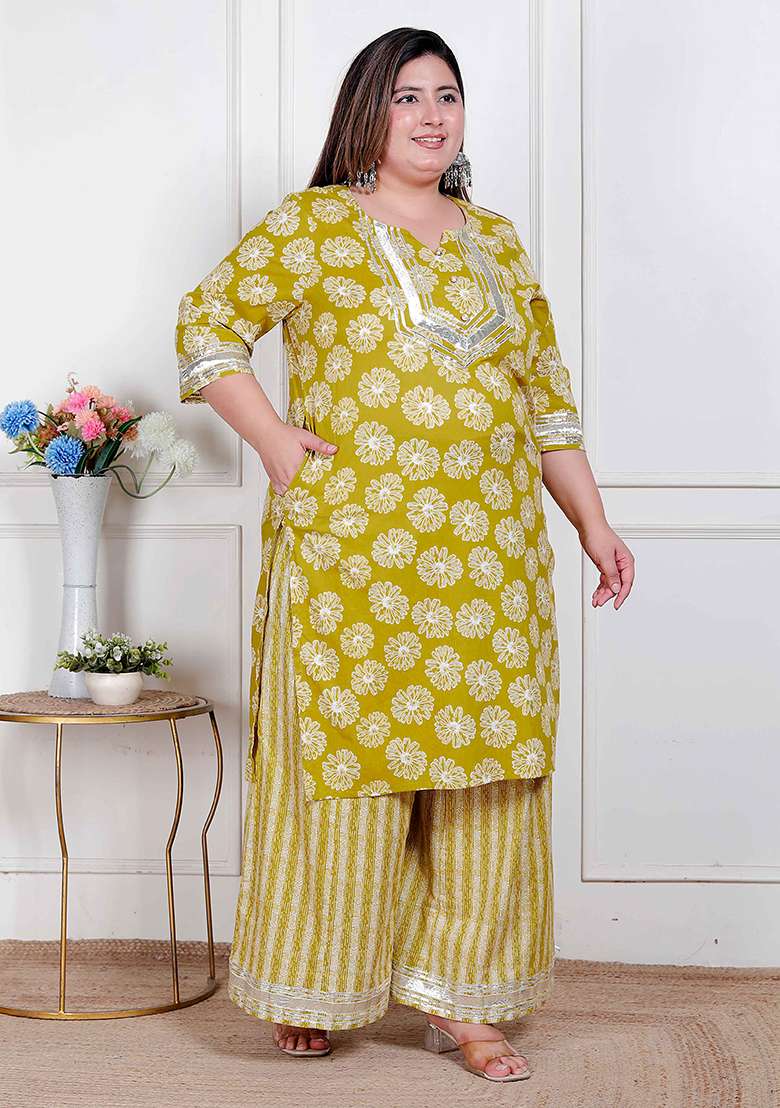Yellow Printed Cotton Straight Kurta Set - Indya