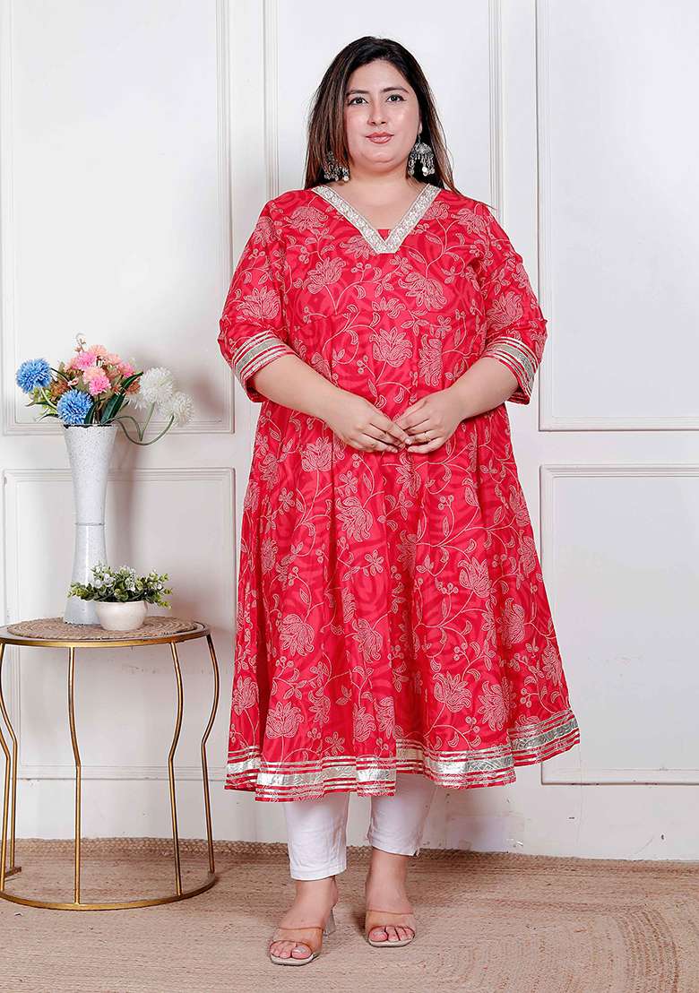 RED Embroidery Cotton Anarkali - Indya