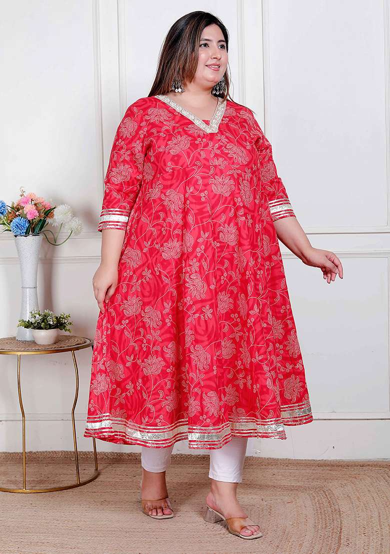 RED Embroidery Cotton Anarkali - Indya