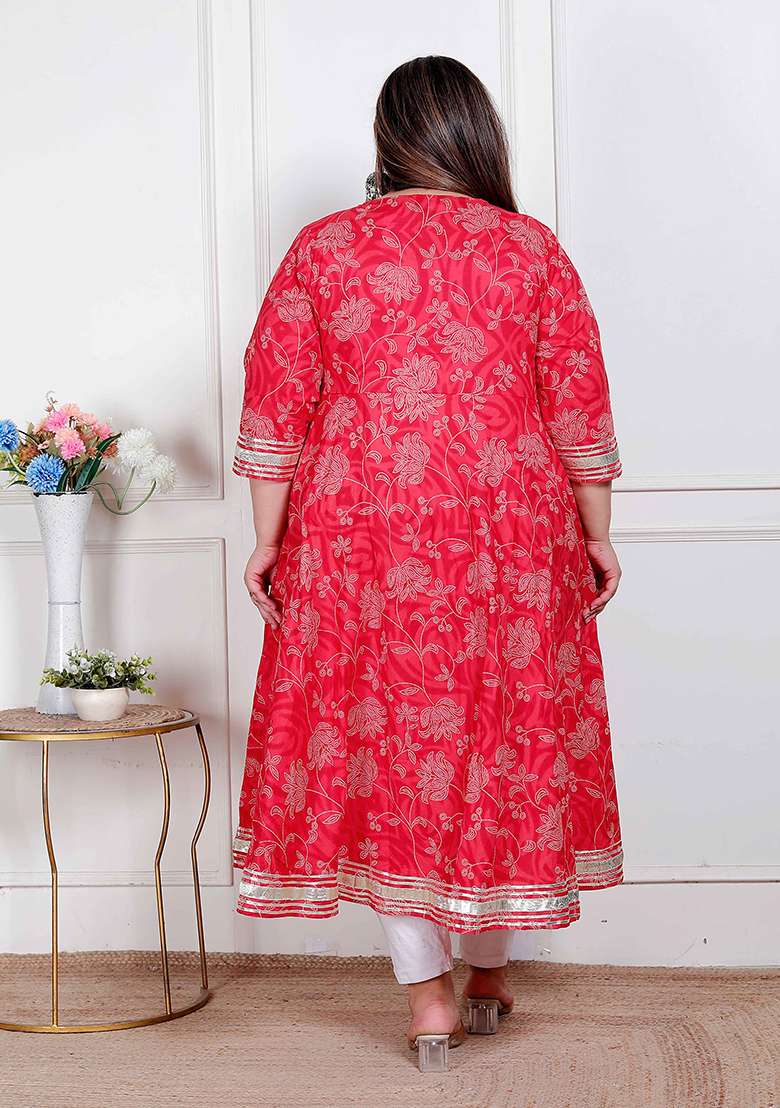 RED Embroidery Cotton Anarkali - Indya
