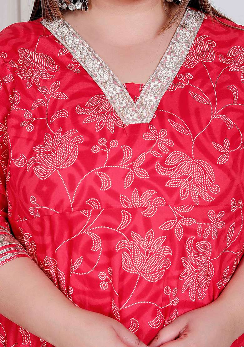 RED Embroidery Cotton Anarkali - Indya