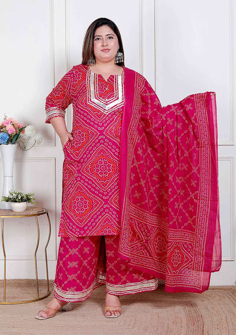 Pink Bandhani Cotton Straight Kurta Set - Indya
