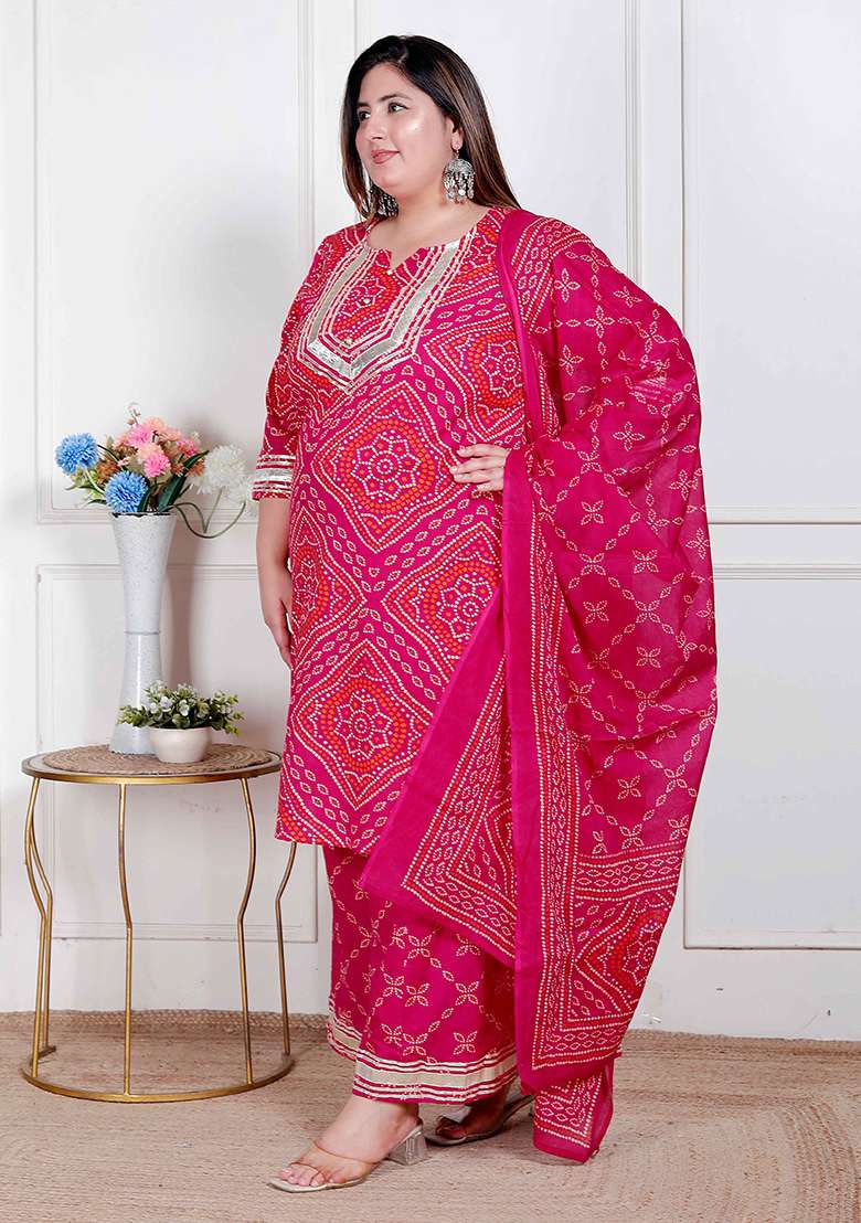 Pink Bandhani Cotton Straight Kurta Set - Indya