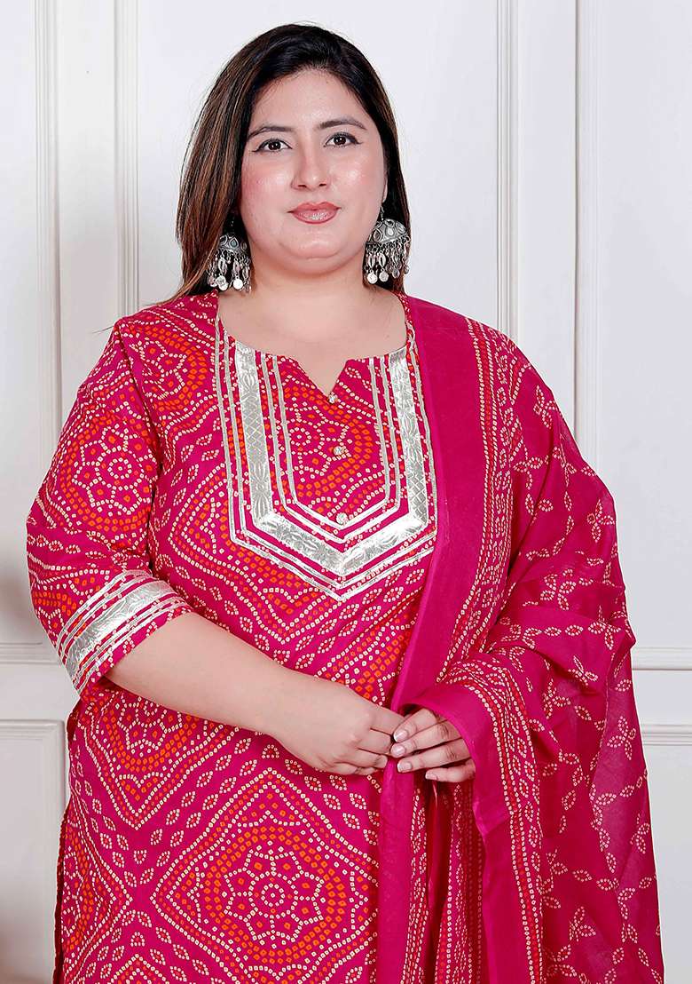 Pink Bandhani Cotton Straight Kurta Set - Indya