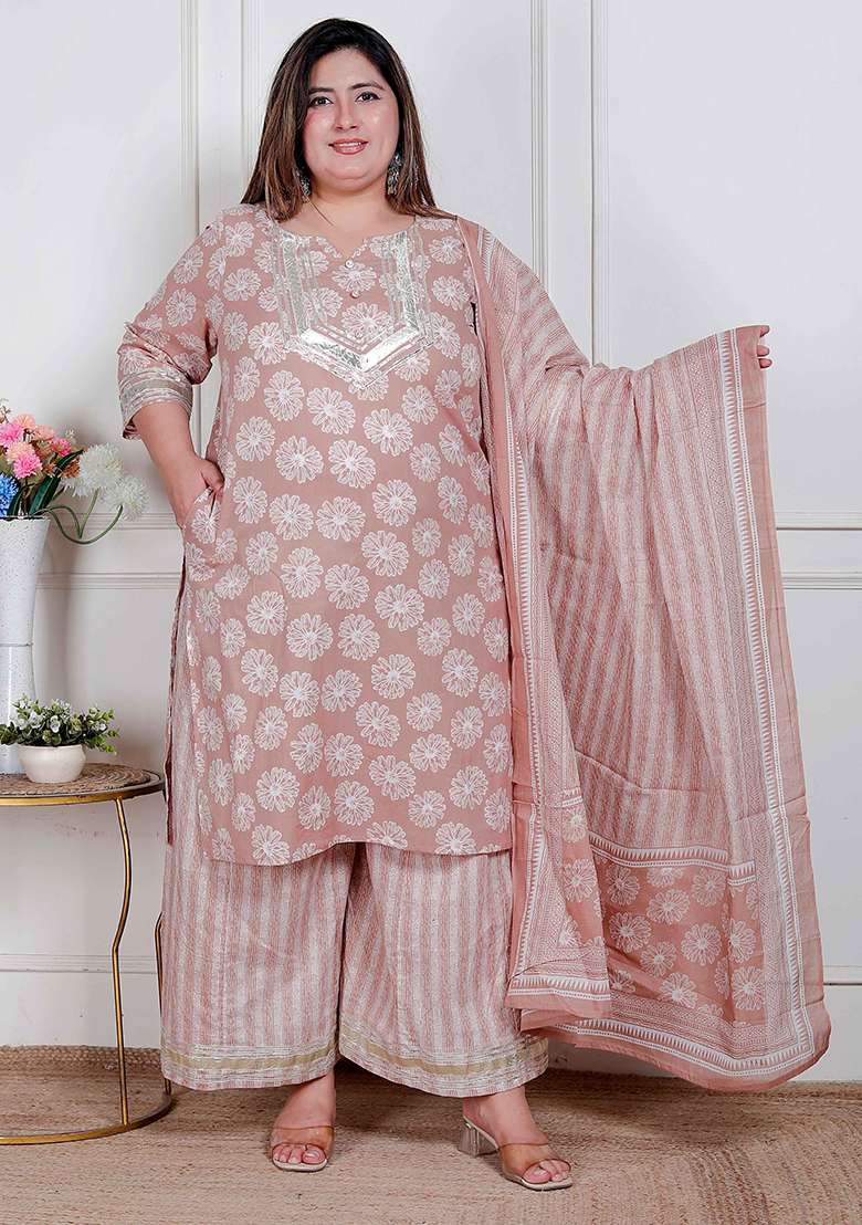Brown Printed Cotton Straight Kurta Set - Indya