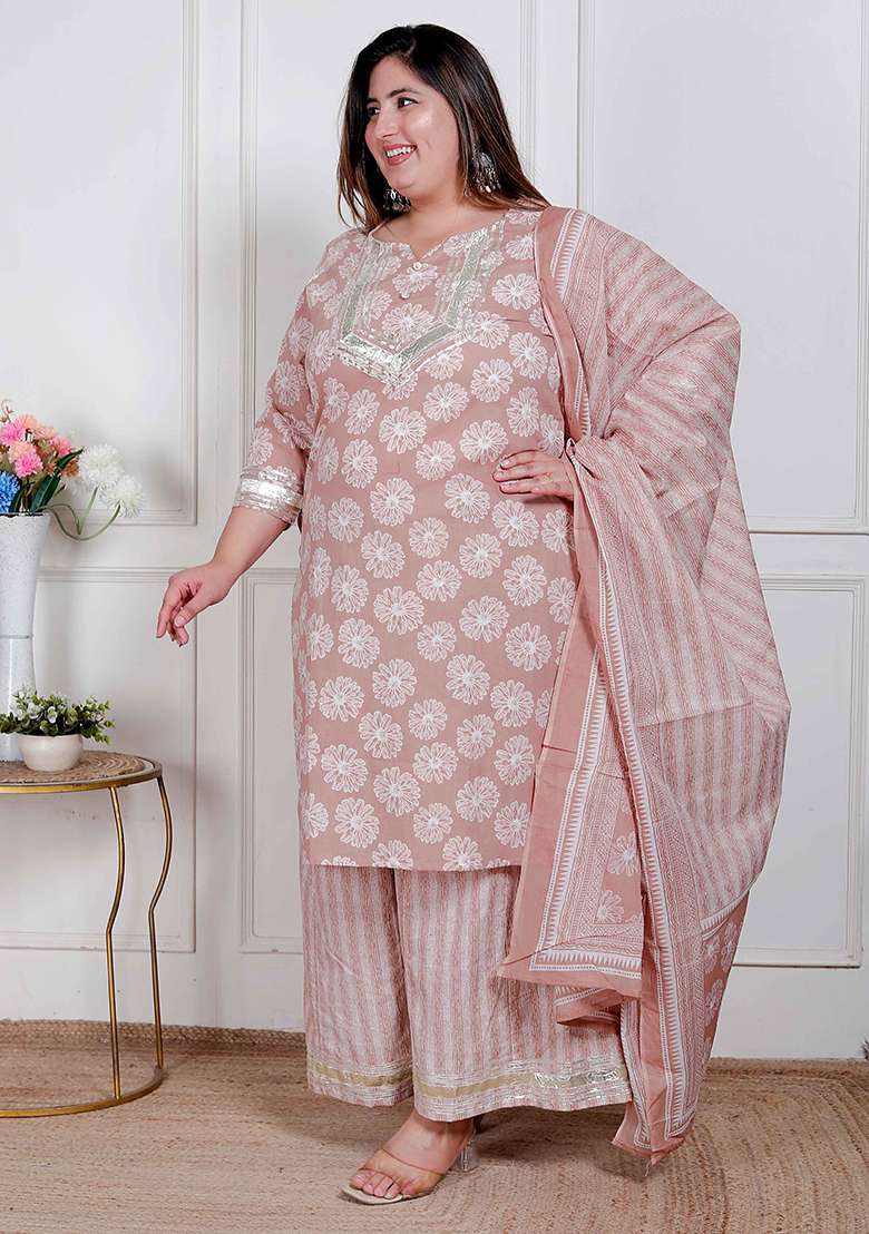 Brown Printed Cotton Straight Kurta Set - Indya