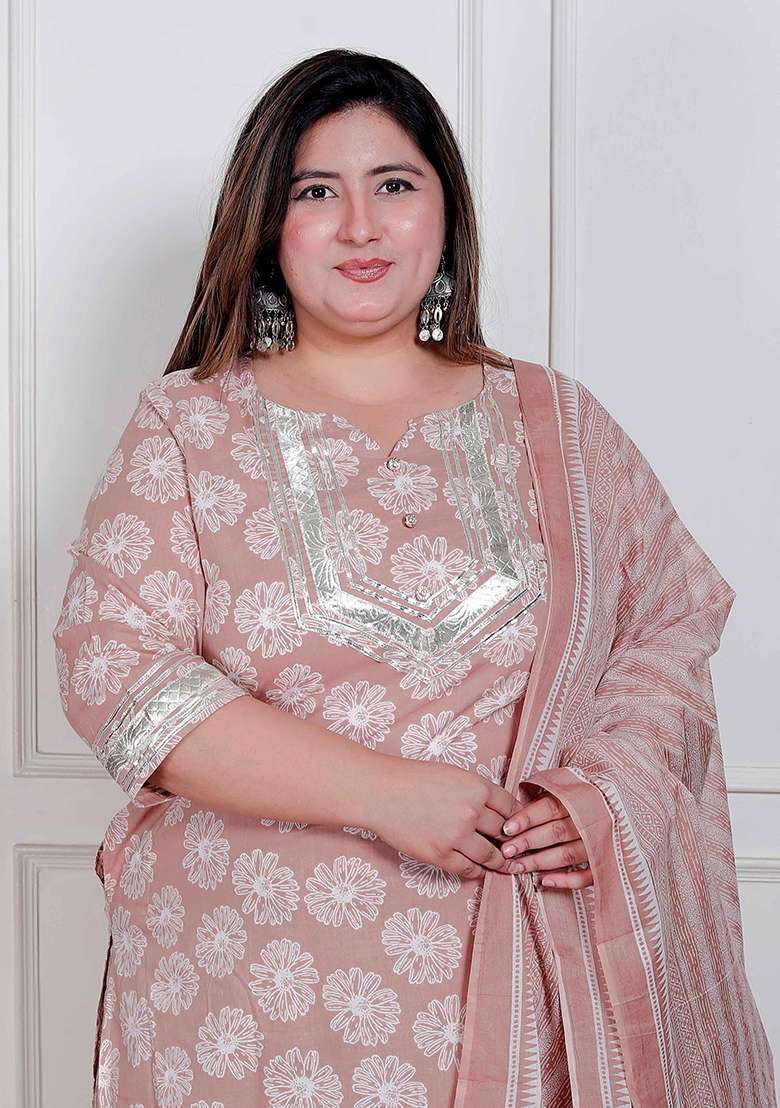 Brown Printed Cotton Straight Kurta Set - Indya