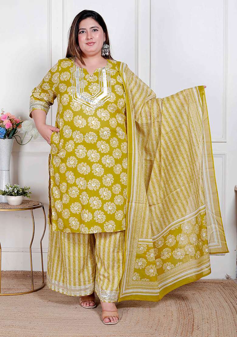 Yellow Printed Cotton Straight Kurta Set - Indya