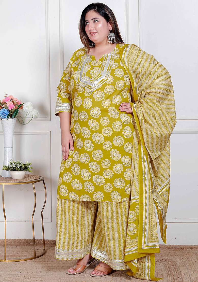 Yellow Printed Cotton Straight Kurta Set - Indya