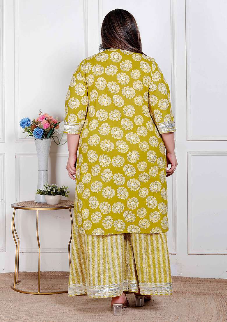 Yellow Printed Cotton Straight Kurta Set - Indya