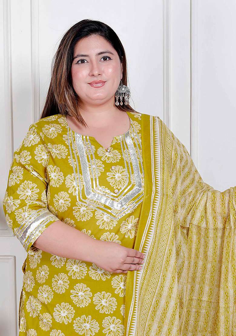 Yellow Printed Cotton Straight Kurta Set - Indya