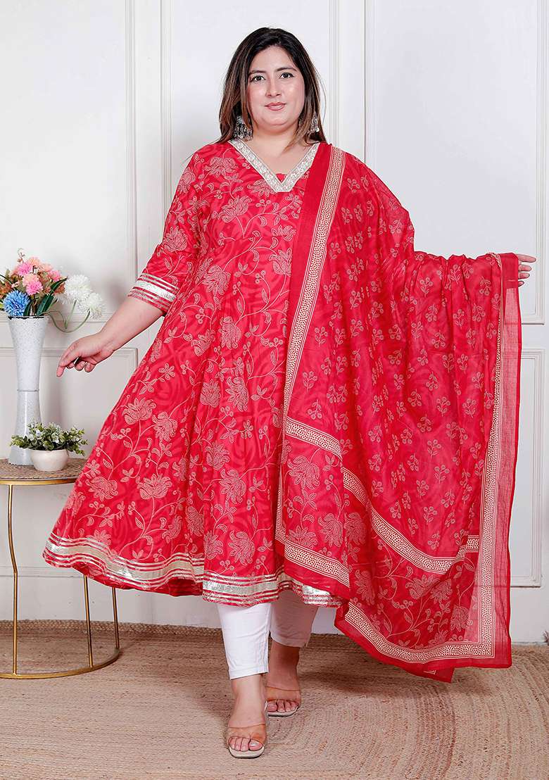 RED Embroidery Cotton Anarkali Kurta With Dupatta - Indya