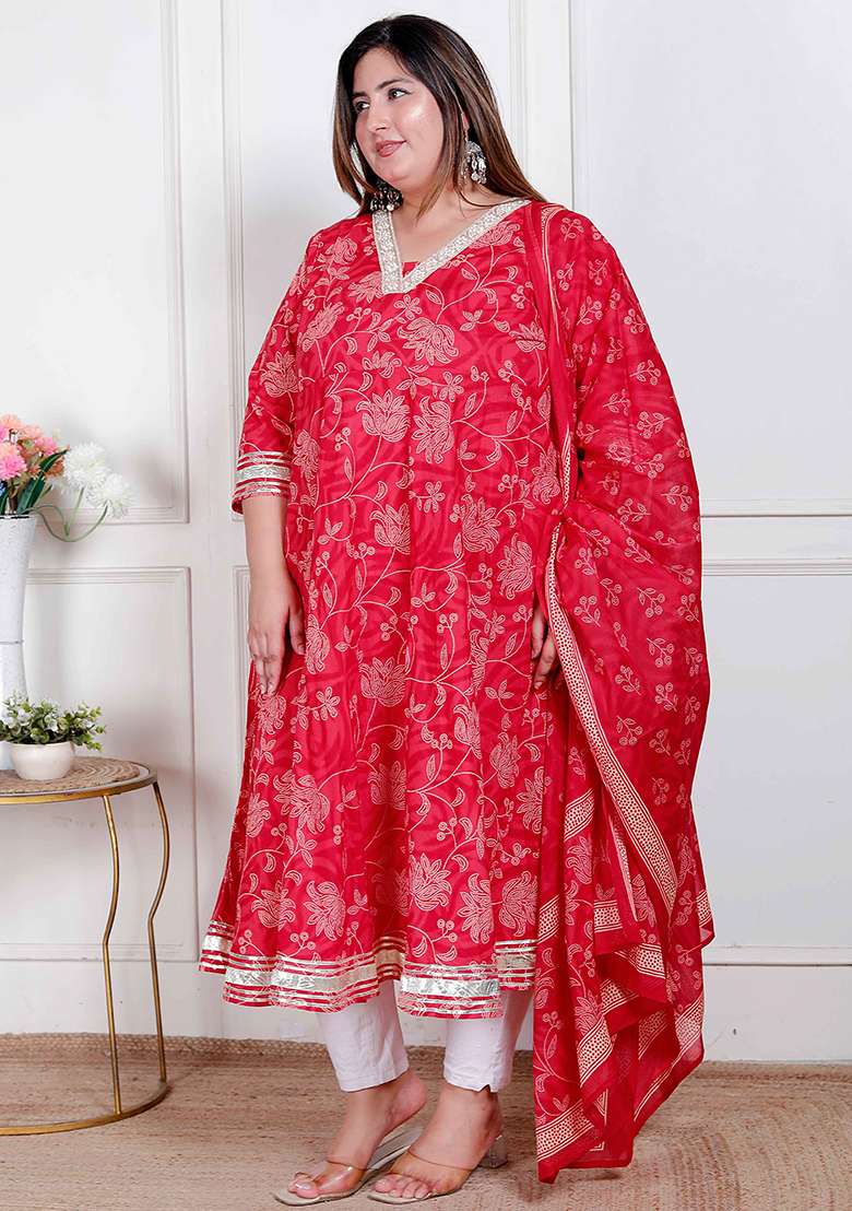 RED Embroidery Cotton Anarkali Kurta With Dupatta - Indya