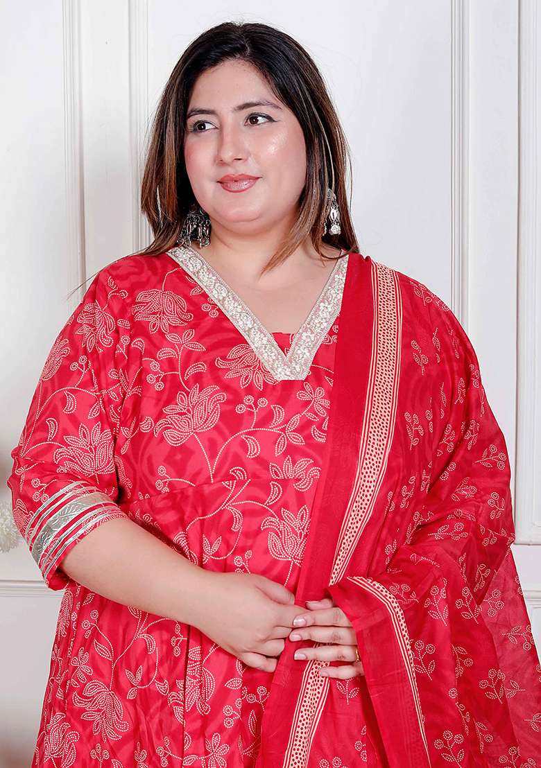 RED Embroidery Cotton Anarkali Kurta With Dupatta - Indya