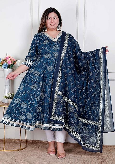 BLUE Embroidery Cotton Anarkali Kurta With Dupatta