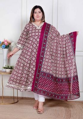 CREAM Embroidery Cotton Anarkali Kurta With Dupatta