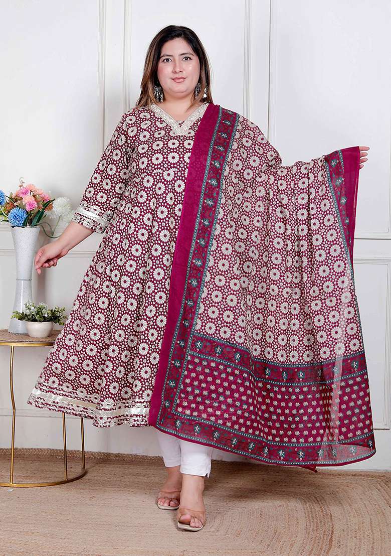 CREAM Embroidery Cotton Anarkali Kurta With Dupatta - Indya