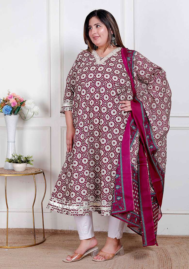CREAM Embroidery Cotton Anarkali Kurta With Dupatta - Indya