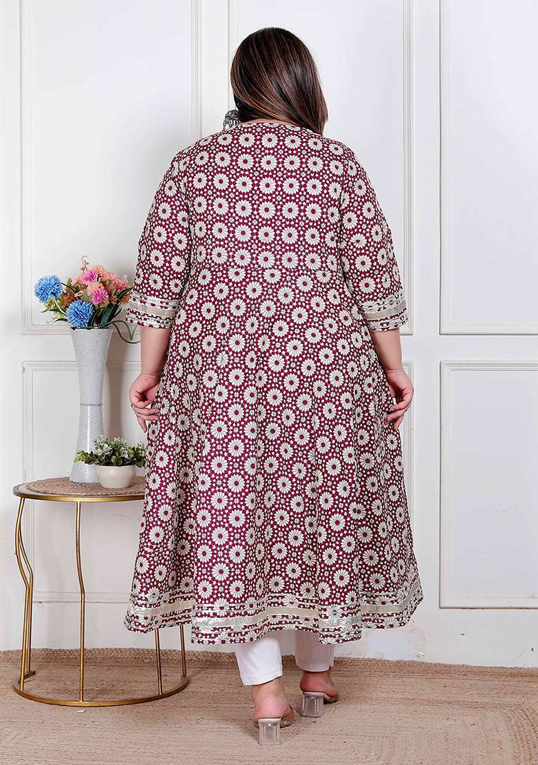 CREAM Embroidery Cotton Anarkali Kurta With Dupatta - Indya
